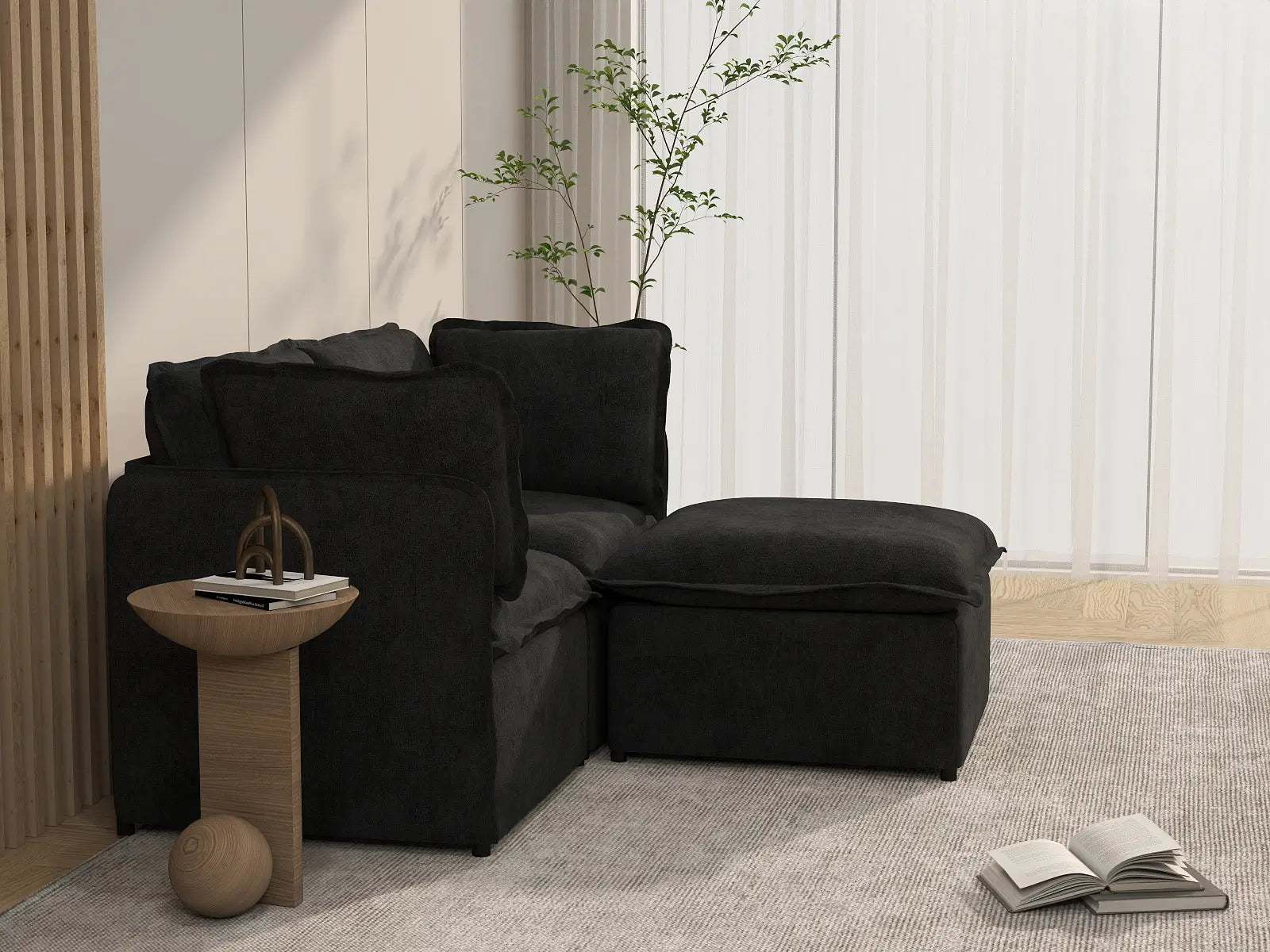 Deluxe Cloud 2-Seater Black Chaise Sectional | 3-Piece (Includes 1 Ottoman), Linen Look Poly Fabric, Washable Cushion Covers