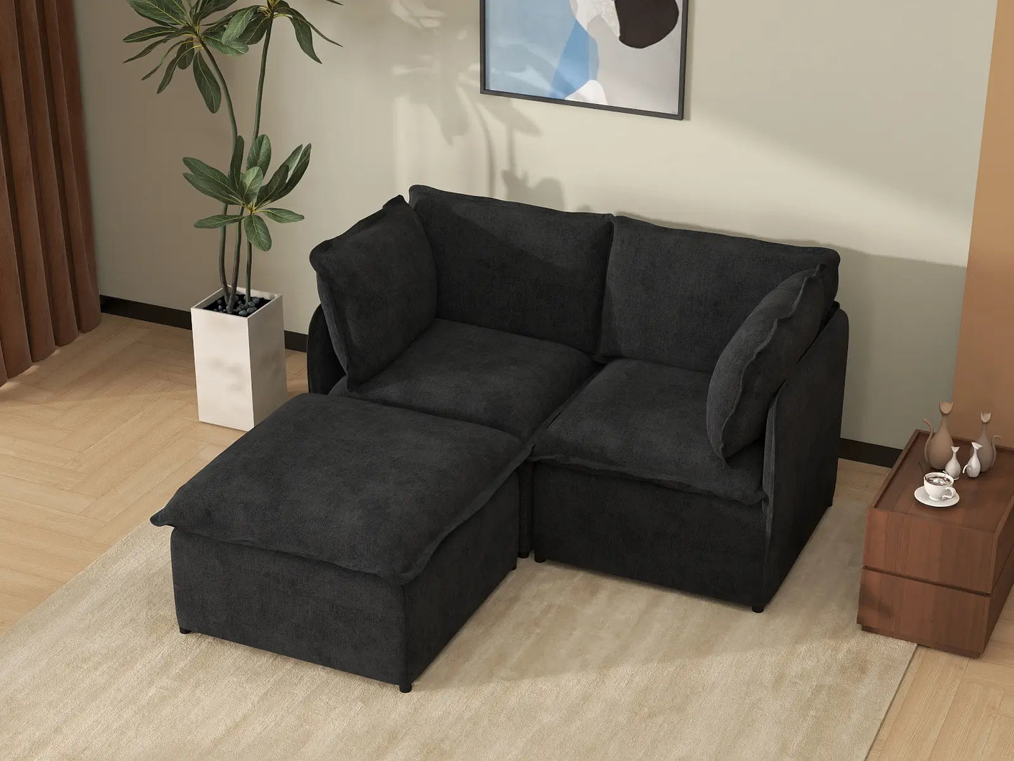 Deluxe Cloud 2-Seater Black Chaise Sectional | 3-Piece (Includes 1 Ottoman), Linen Look Poly Fabric, Washable Cushion Covers