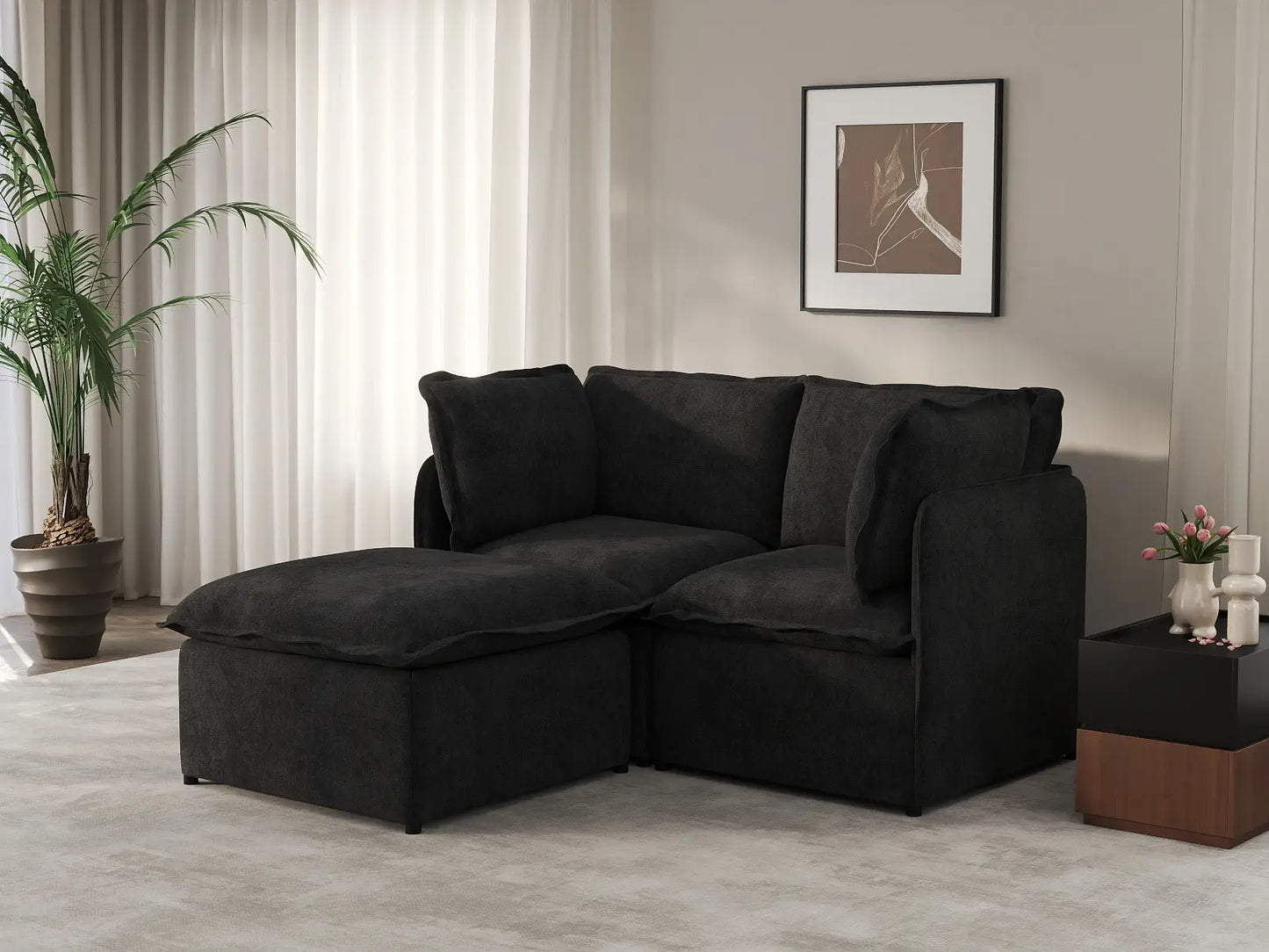 Deluxe Cloud 2-Seater Black Chaise Sectional | 3-Piece (Includes 1 Ottoman), Linen Look Poly Fabric, Washable Cushion Covers