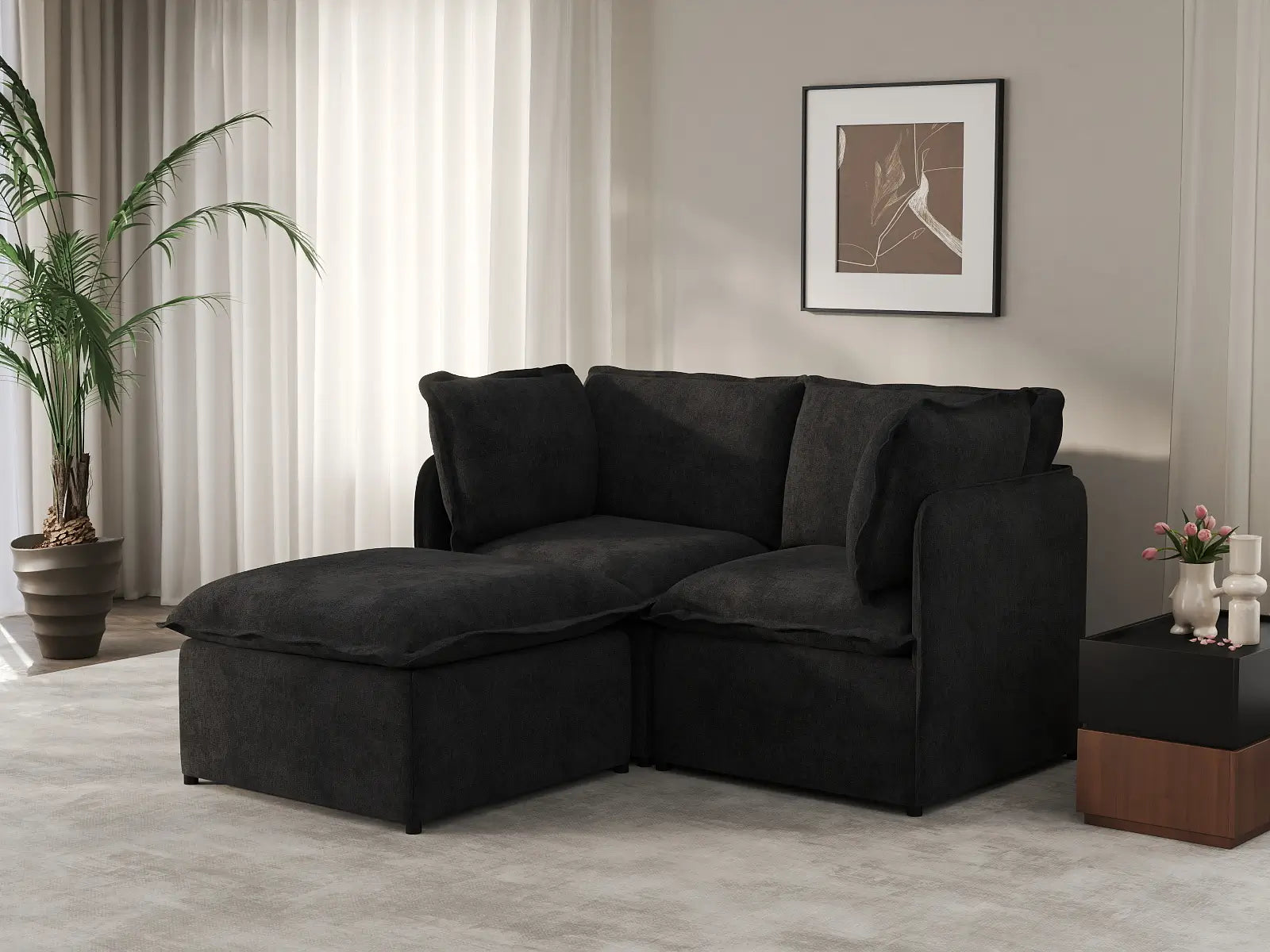 Deluxe Cloud 2-Seater Black Chaise Sectional | 3-Piece (Includes 1 Ottoman), Linen Look Poly Fabric, Washable Cushion Covers