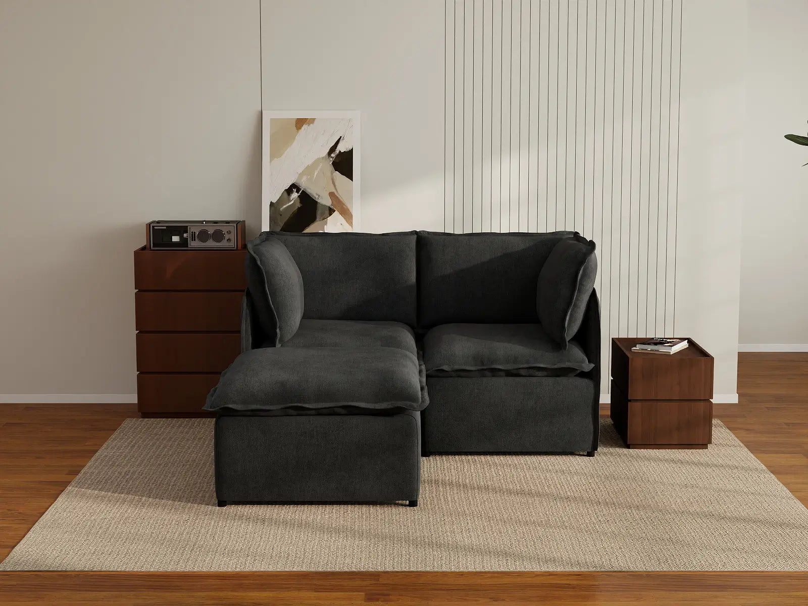 Deluxe Cloud 2-Seater Black Chaise Sectional | 3-Piece (Includes 1 Ottoman), Linen Look Poly Fabric, Washable Cushion Covers