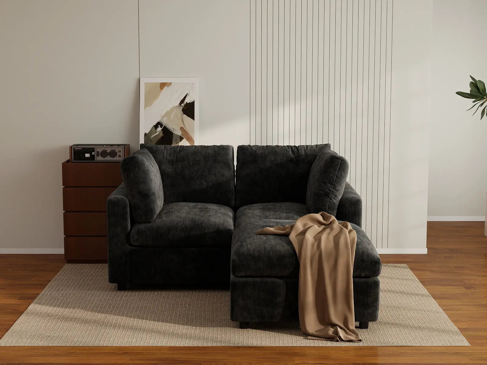 Seccional Chaise Negro Deluxe Cloud de 2 Plazas | 3 Piezas (Incluye 1 Otomana), Tela de Chenilla de Mezcla de Lino, Fundas de Cojín Lavables