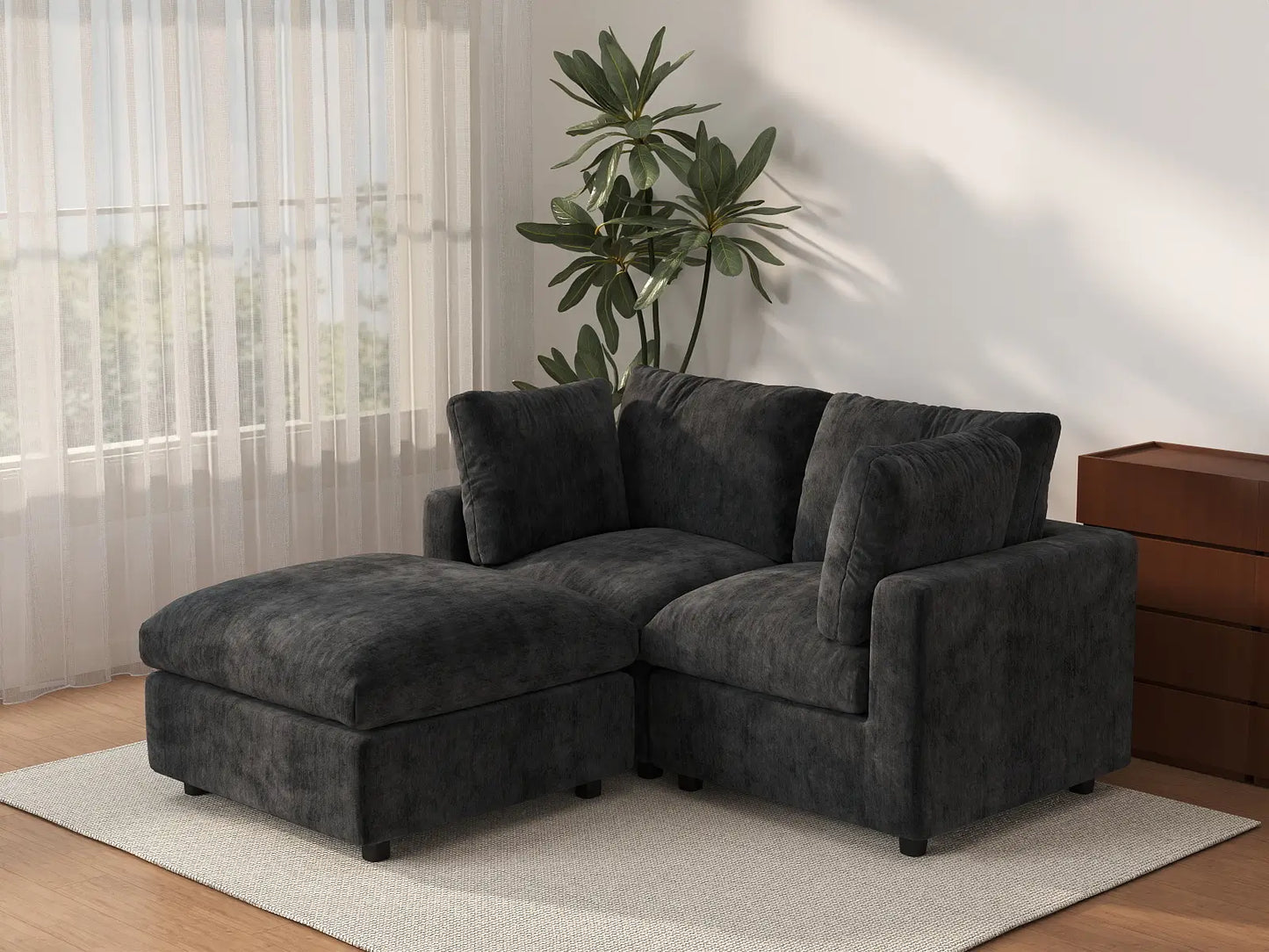 Seccional Chaise Negro Deluxe Cloud de 2 Plazas | 3 Piezas (Incluye 1 Otomana), Tela de Chenilla de Mezcla de Lino, Fundas de Cojín Lavables