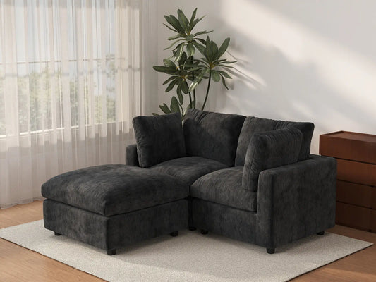 Deluxe Cloud 2-Seater Black Chaise Sectional | 3-Piece (Includes 1 Ottoman), Linen-Blend Chenille Fabric, Washable Cushion Covers