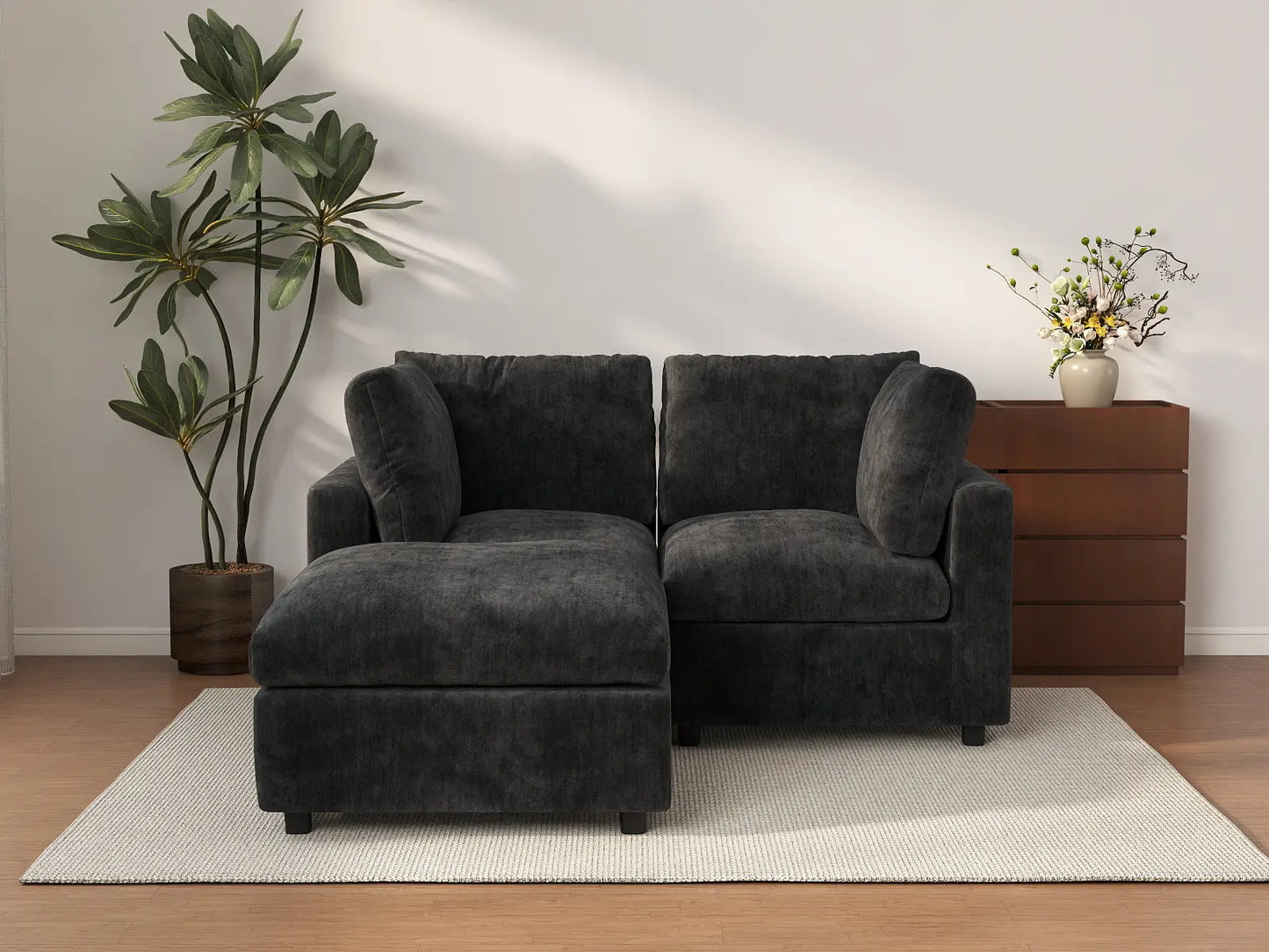 Seccional Chaise Negro Deluxe Cloud de 2 Plazas | 3 Piezas (Incluye 1 Otomana), Tela de Chenilla de Mezcla de Lino, Fundas de Cojín Lavables