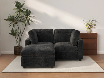 Seccional Chaise Negro Deluxe Cloud de 2 Plazas | 3 Piezas (Incluye 1 Otomana), Tela de Chenilla de Mezcla de Lino, Fundas de Cojín Lavables