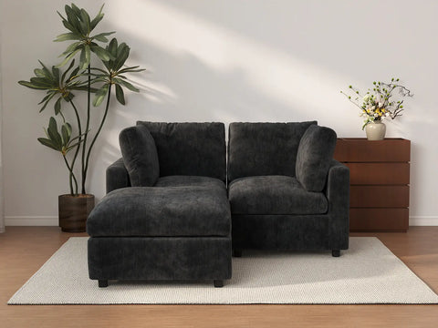 Seccional Chaise Negro Deluxe Cloud de 2 Plazas | 3 Piezas (Incluye 1 Otomana), Tela de Chenilla de Mezcla de Lino, Fundas de Cojín Lavables