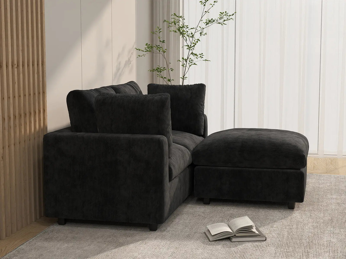 Seccional Chaise Negro Deluxe Cloud de 2 Plazas | 3 Piezas (Incluye 1 Otomana), Tela de Chenilla de Mezcla de Lino, Fundas de Cojín Lavables
