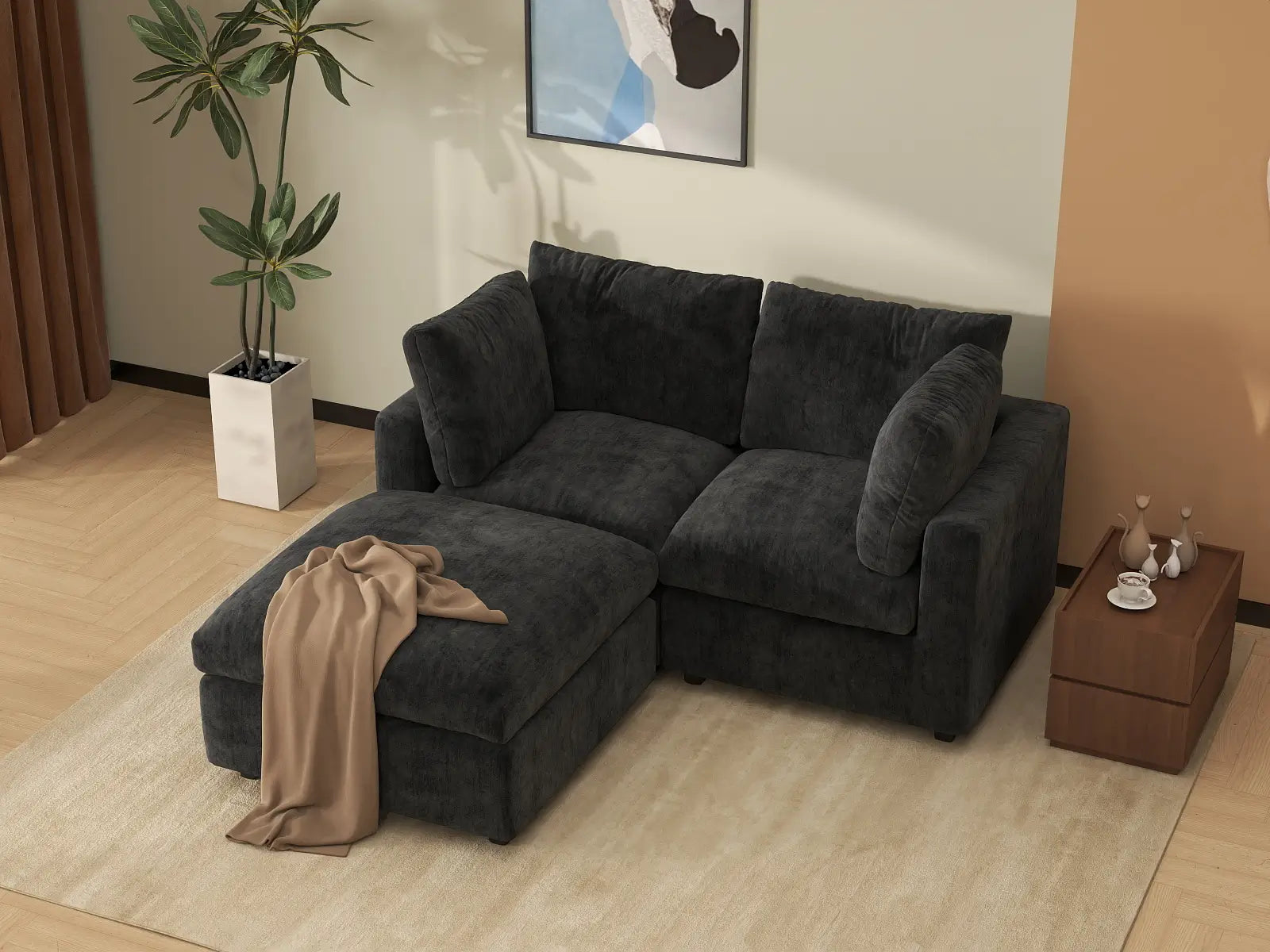 Seccional Chaise Negro Deluxe Cloud de 2 Plazas | 3 Piezas (Incluye 1 Otomana), Tela de Chenilla de Mezcla de Lino, Fundas de Cojín Lavables