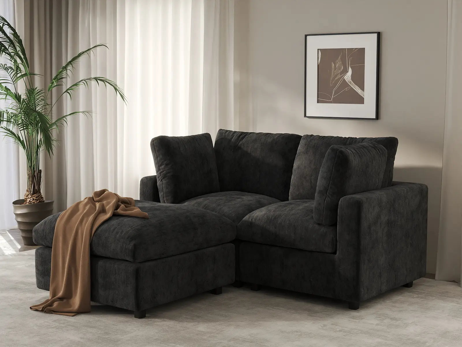 Seccional Chaise Negro Deluxe Cloud de 2 Plazas | 3 Piezas (Incluye 1 Otomana), Tela de Chenilla de Mezcla de Lino, Fundas de Cojín Lavables