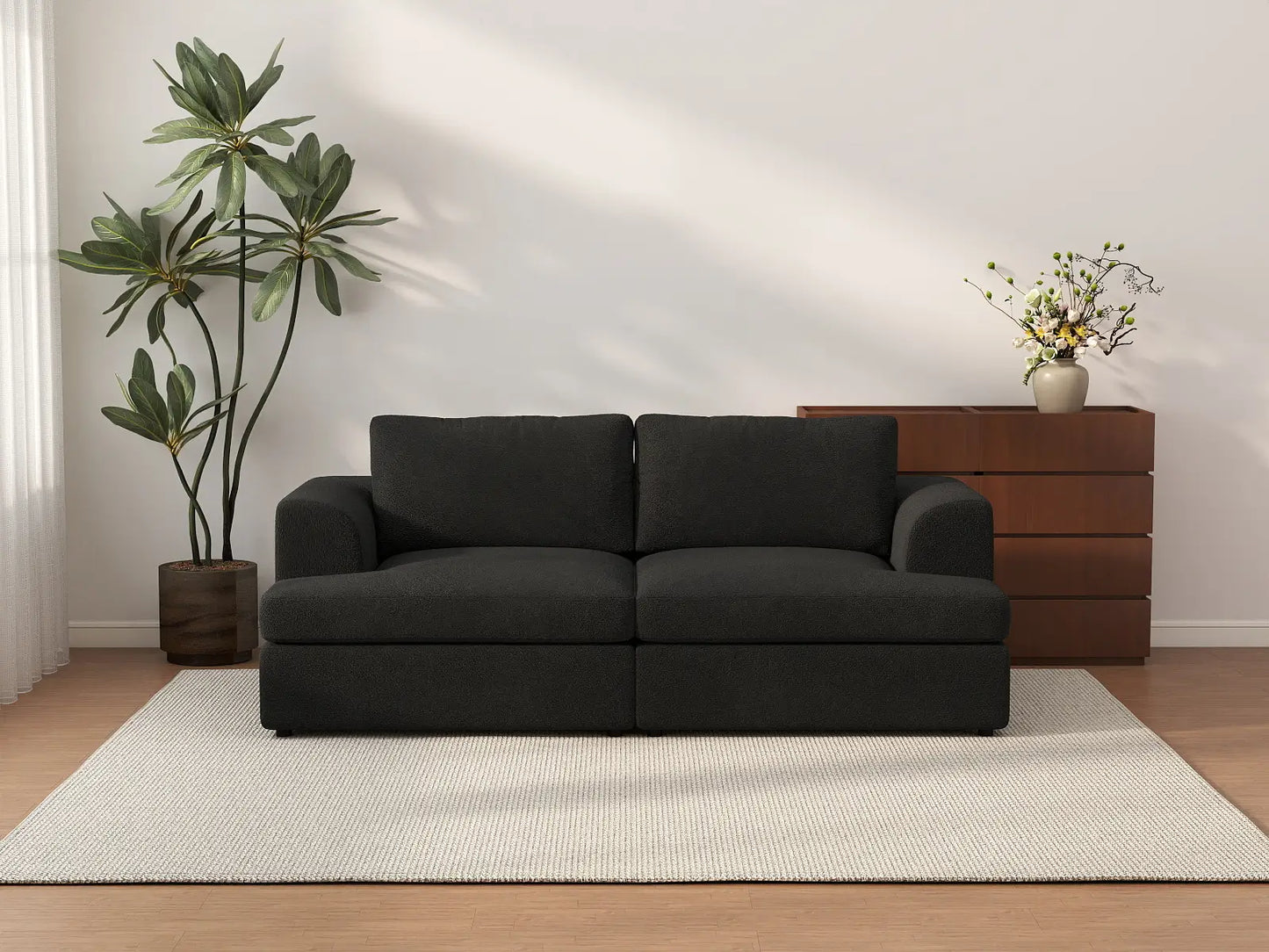 Deluxe Cloud 2-Seater Black Loveseat | 2-Piece, Bouclé Sherpa-Like Fabric, Washable Cushion Covers