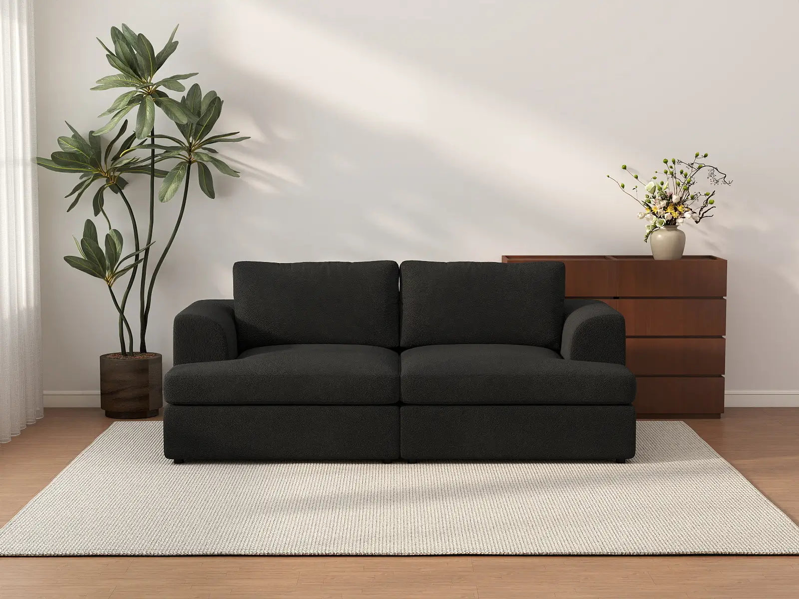 Deluxe Cloud 2-Seater Black Loveseat | 2-Piece, Bouclé Sherpa-Like Fabric, Washable Cushion Covers