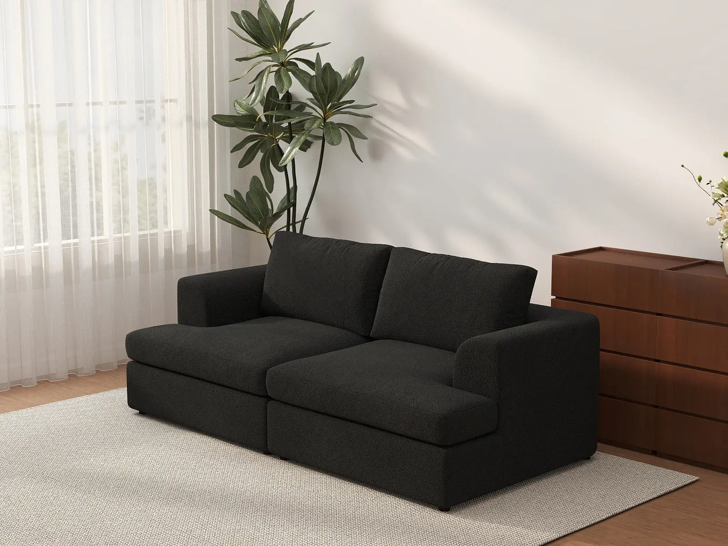 Deluxe Cloud 2-Seater Black Loveseat | 2-Piece, Bouclé Sherpa-Like Fabric, Washable Cushion Covers