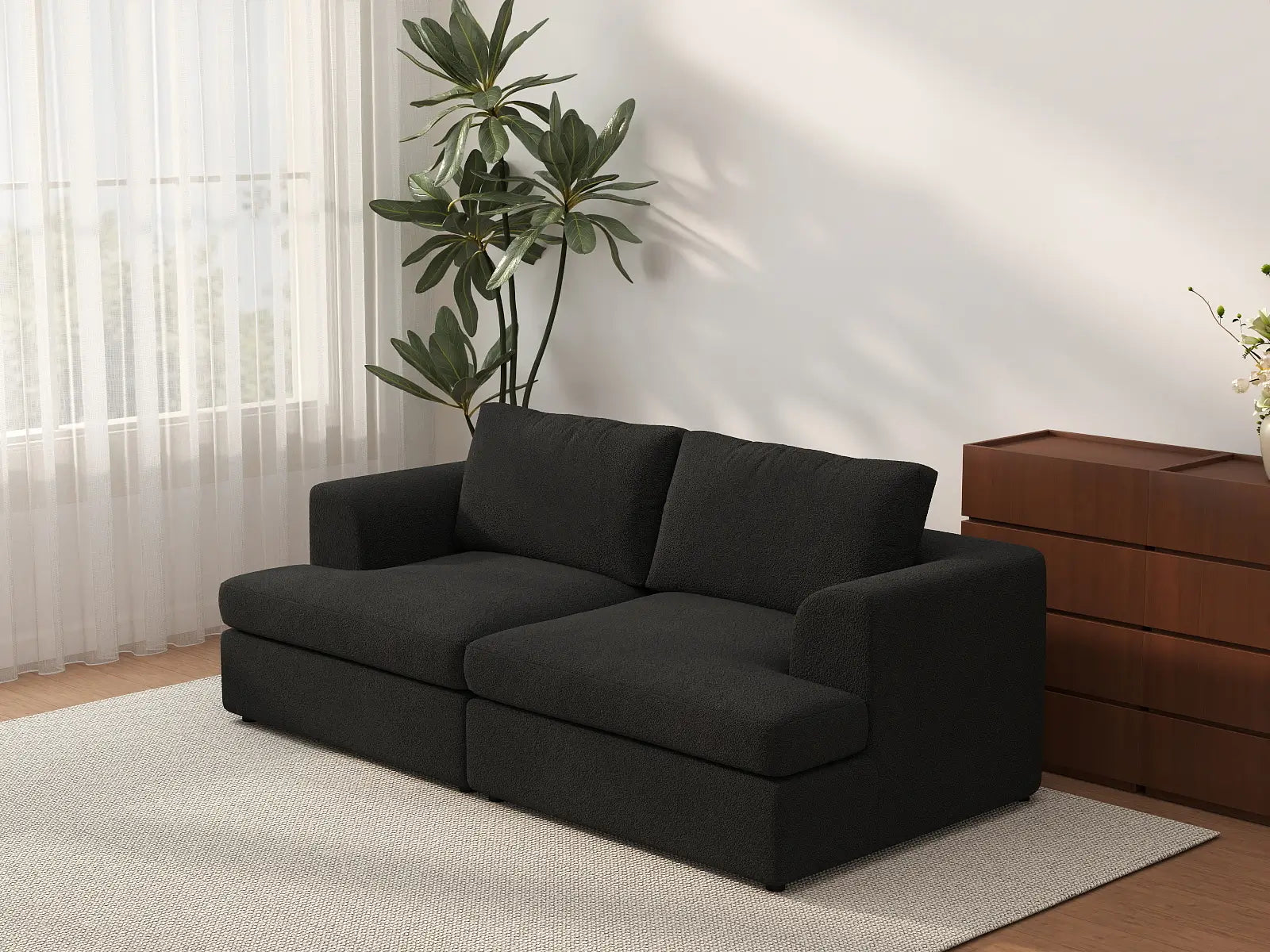 Deluxe Cloud 2-Seater Black Loveseat | 2-Piece, Bouclé Sherpa-Like Fabric, Washable Cushion Covers
