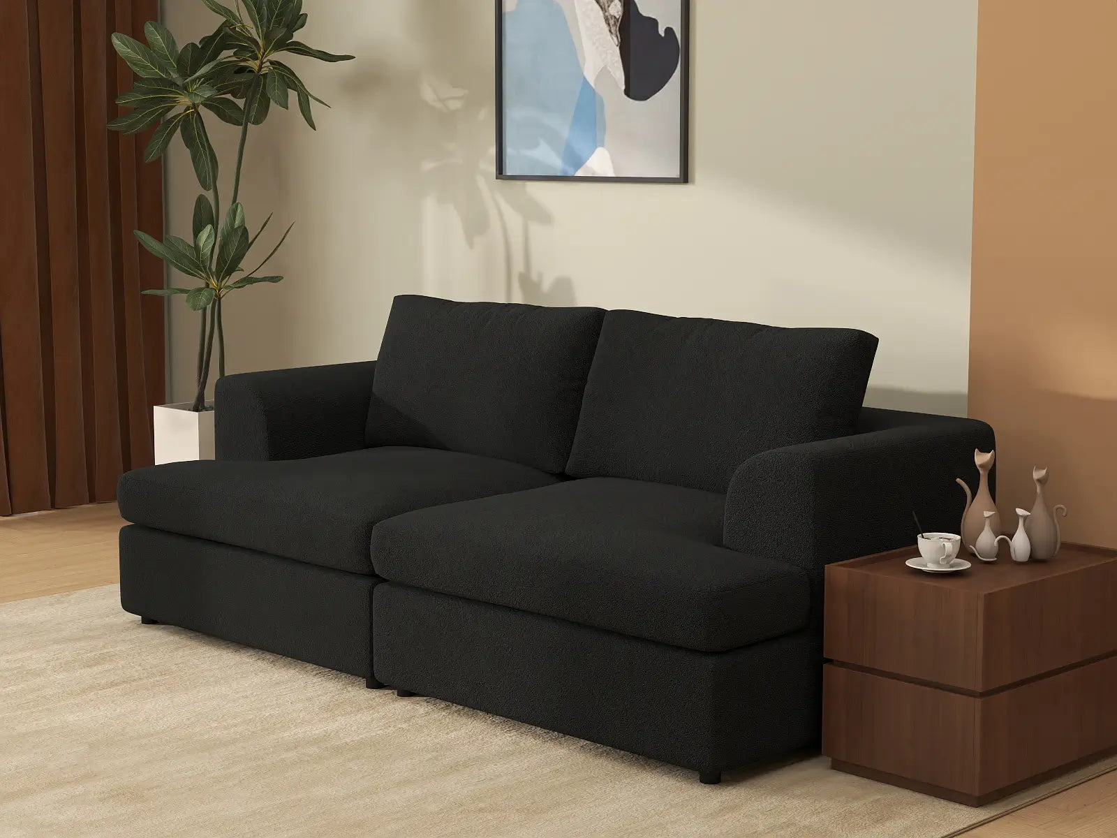 Deluxe Cloud 2-Seater Black Loveseat | 2-Piece, Bouclé Sherpa-Like Fabric, Washable Cushion Covers