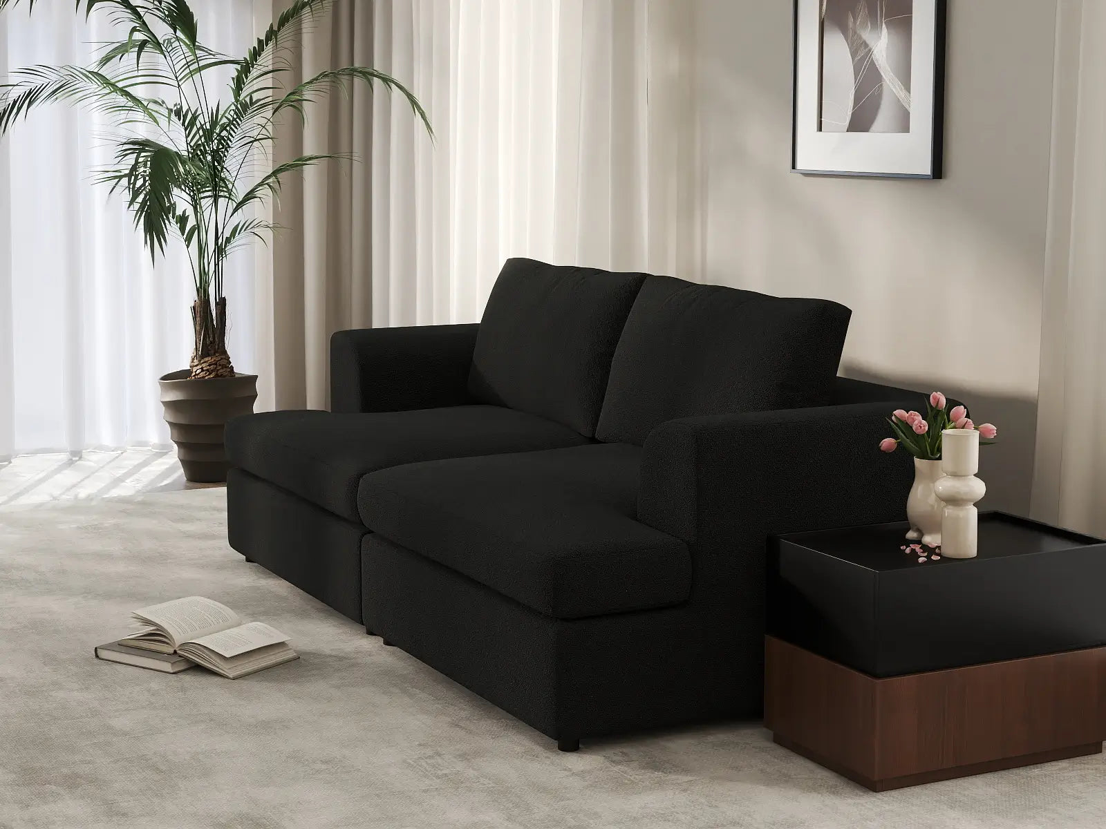 Deluxe Cloud 2-Seater Black Loveseat | 2-Piece, Bouclé Sherpa-Like Fabric, Washable Cushion Covers