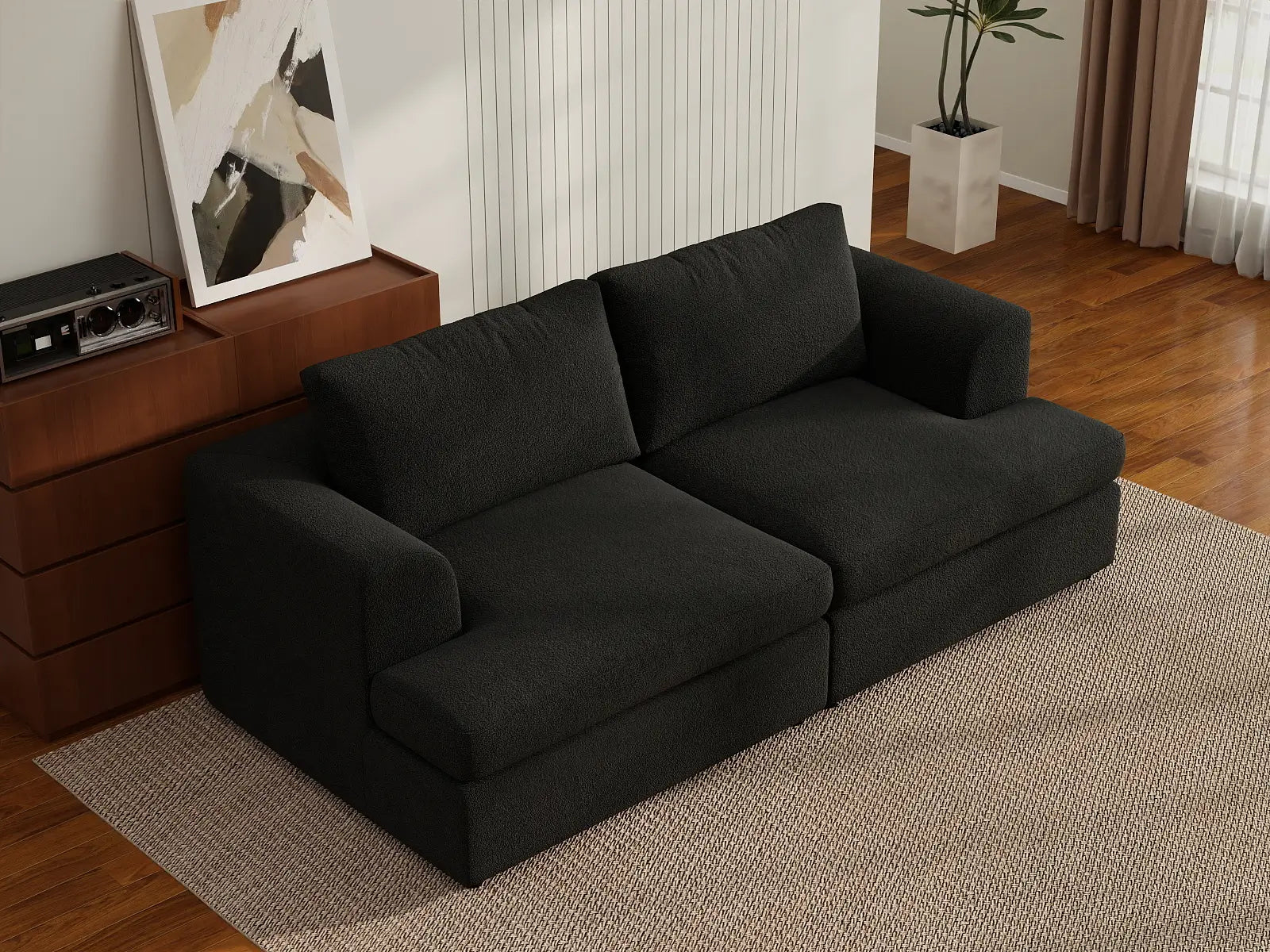 Deluxe Cloud 2-Seater Black Loveseat | 2-Piece, Bouclé Sherpa-Like Fabric, Washable Cushion Covers
