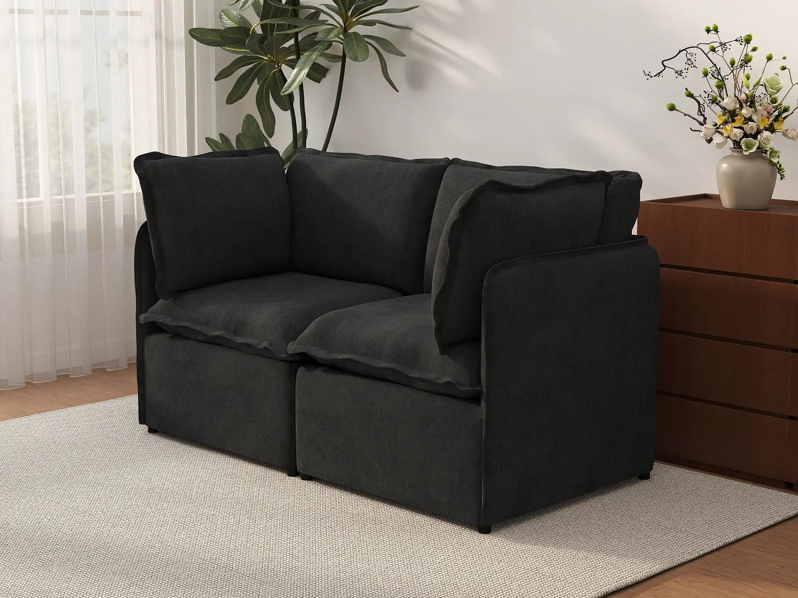 Deluxe Cloud 2-Seater Black Loveseat | 2-Piece, Linen Look Poly Fabric, Washable Cushion Covers