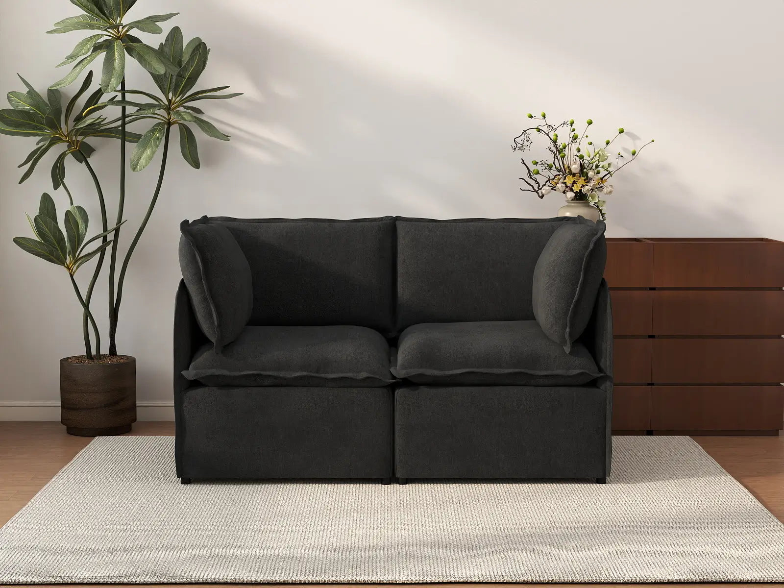 Deluxe Cloud 2-Seater Black Loveseat | 2-Piece, Linen Look Poly Fabric, Washable Cushion Covers