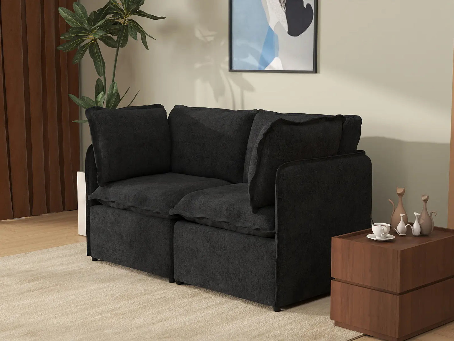 Deluxe Cloud 2-Seater Black Loveseat | 2-Piece, Linen Look Poly Fabric, Washable Cushion Covers