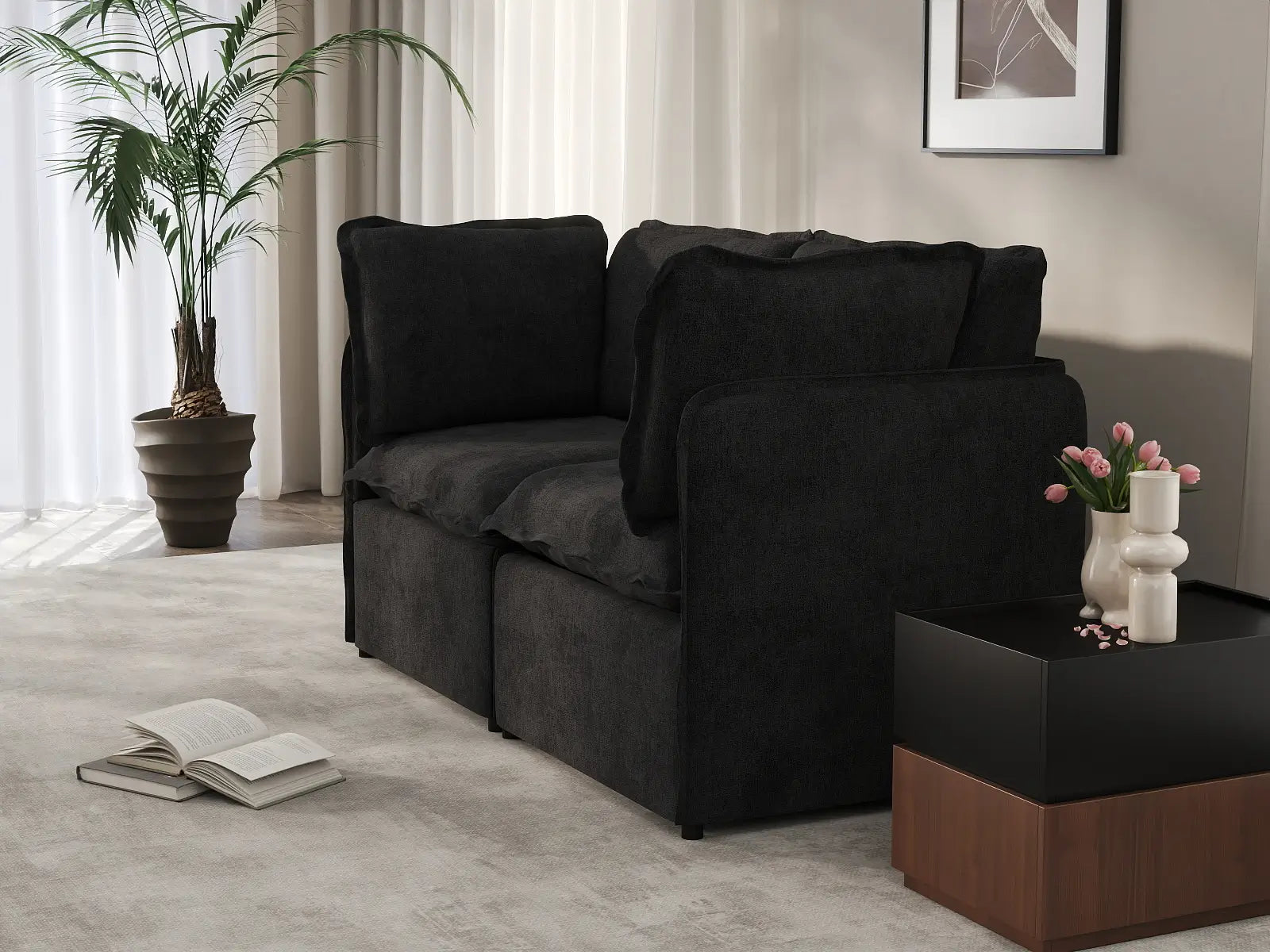 Deluxe Cloud 2-Seater Black Loveseat | 2-Piece, Linen Look Poly Fabric, Washable Cushion Covers