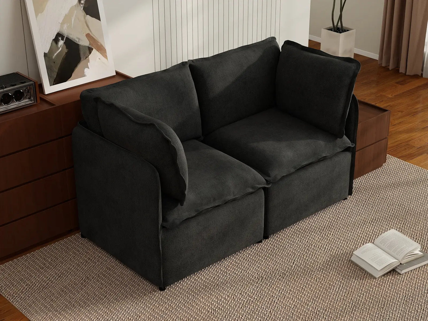 Deluxe Cloud 2-Seater Black Loveseat | 2-Piece, Linen Look Poly Fabric, Washable Cushion Covers