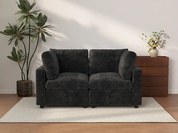 Sofá biplaza Deluxe Cloud en negro | 2 piezas, tela chenilla de mezcla de lino, fundas de cojín lavables