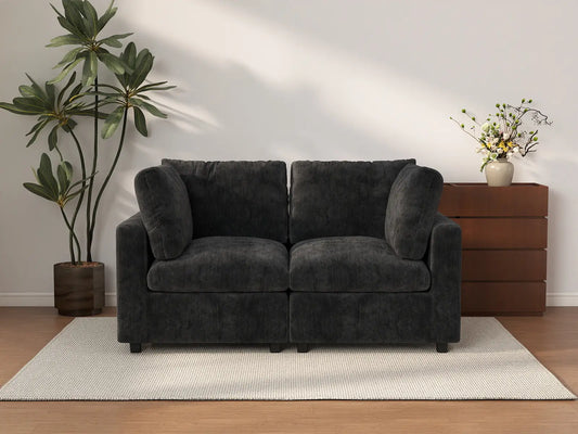 Deluxe Cloud 2-Seater Black Loveseat | 2-Piece, Linen-Blend Chenille Fabric, Washable Cushion Covers