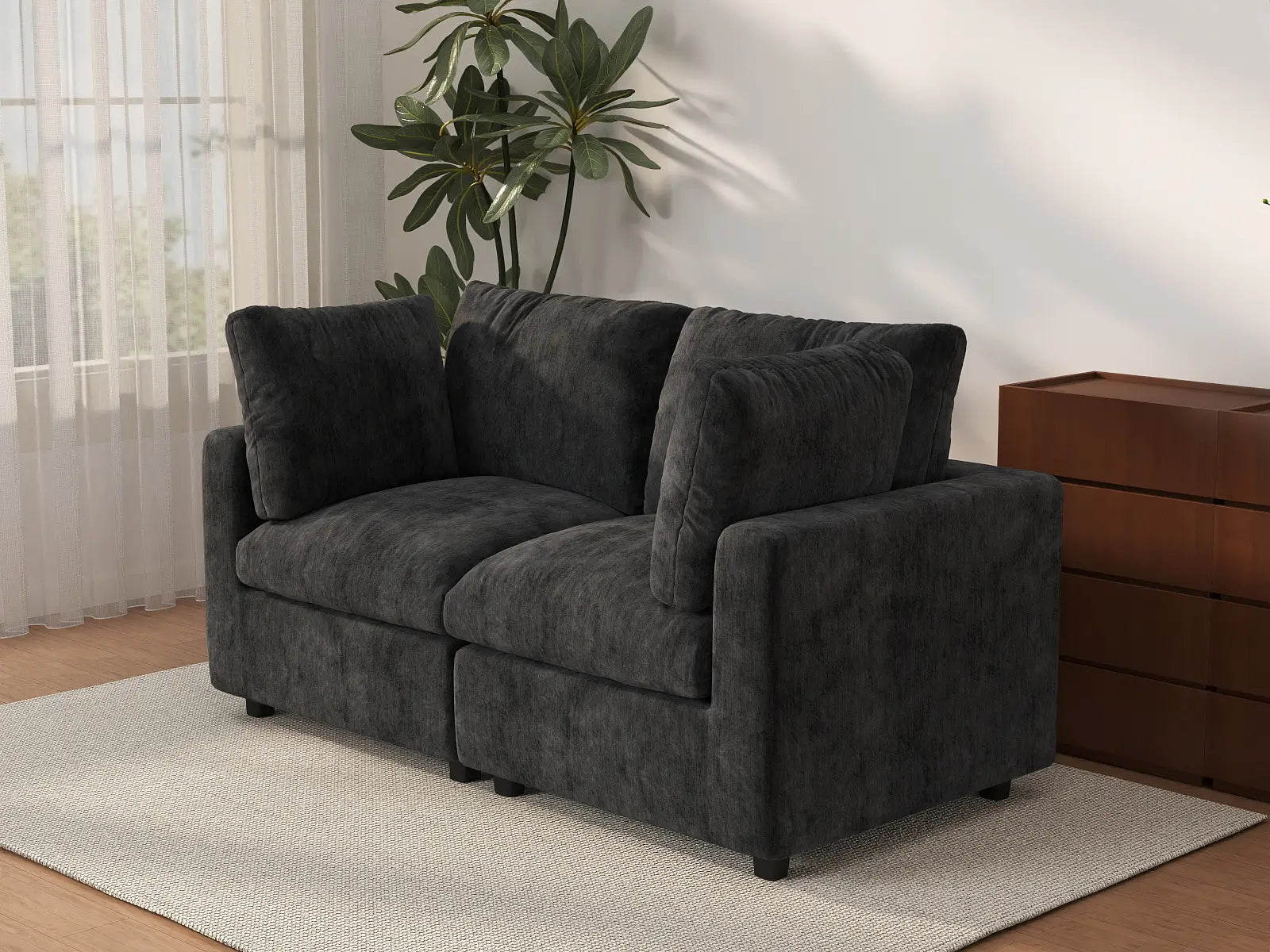 Sofá biplaza Deluxe Cloud en negro | 2 piezas, tela chenilla de mezcla de lino, fundas de cojín lavables