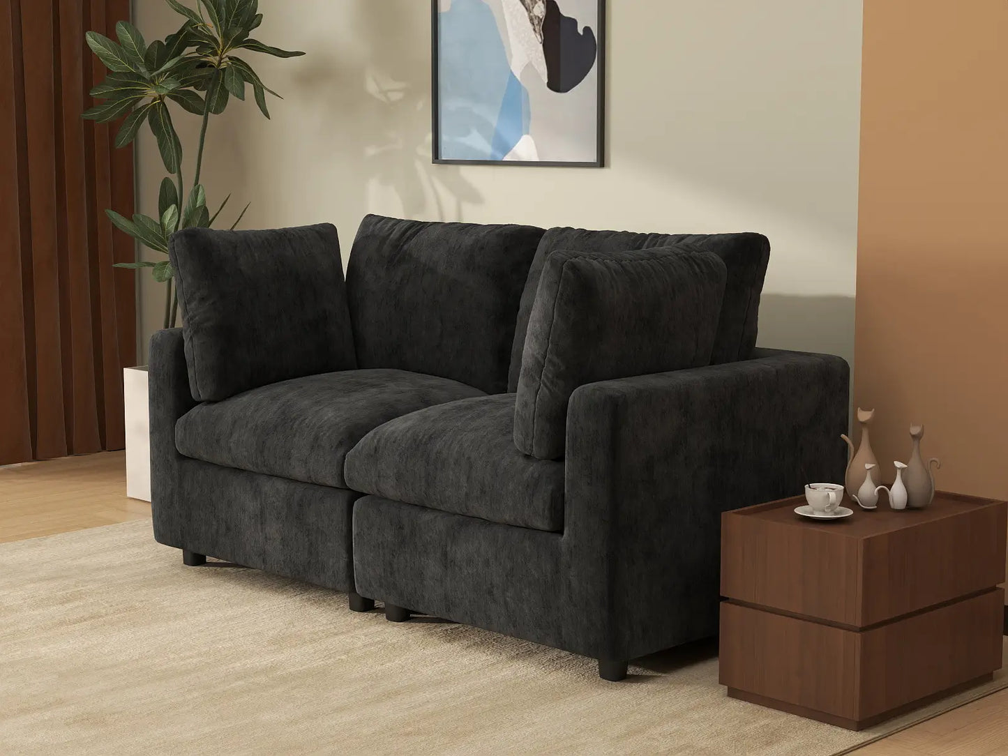 Sofá biplaza Deluxe Cloud en negro | 2 piezas, tela chenilla de mezcla de lino, fundas de cojín lavables