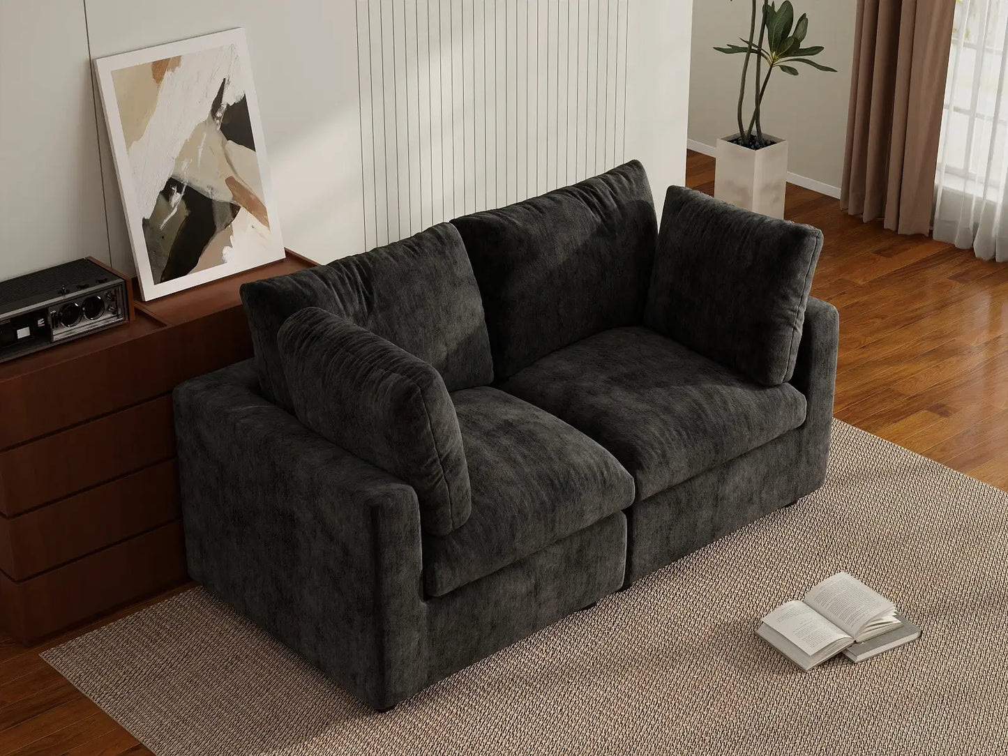 Fundas de sofá seccional Lounge Cloud | Funda de sofá de chenilla mezcla de lino negro para 2 plazas