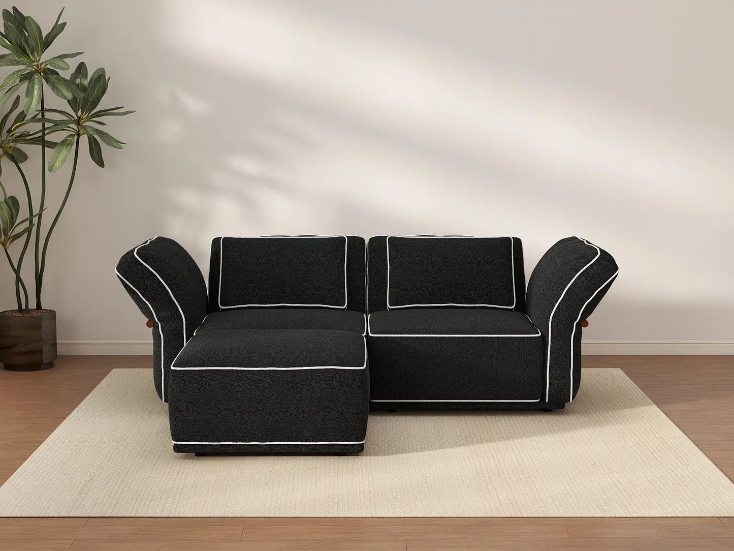 Deluxe Cloud 2-Seater Black Small Space Chaise Sectional | 3-Piece (Includes 1 Ottoman), Bouclé Sherpa-Like Fabric, Easy To Clean