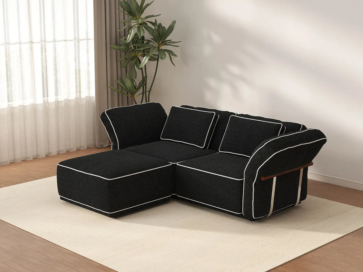 Deluxe Cloud 2-Seater Black Small Space Chaise Sectional | 3-Piece (Includes 1 Ottoman), Bouclé Sherpa-Like Fabric, Easy To Clean