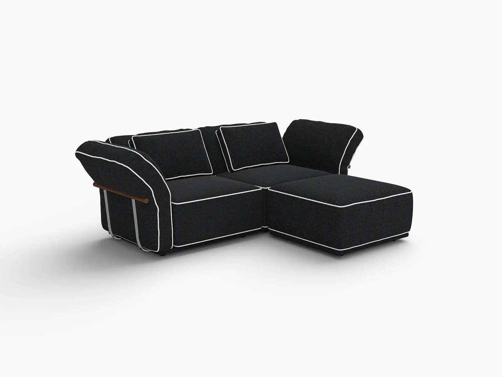 Deluxe Cloud 2-Seater Black Small Space Chaise Sectional | 3-Piece (Includes 1 Ottoman), Bouclé Sherpa-Like Fabric, Easy To Clean