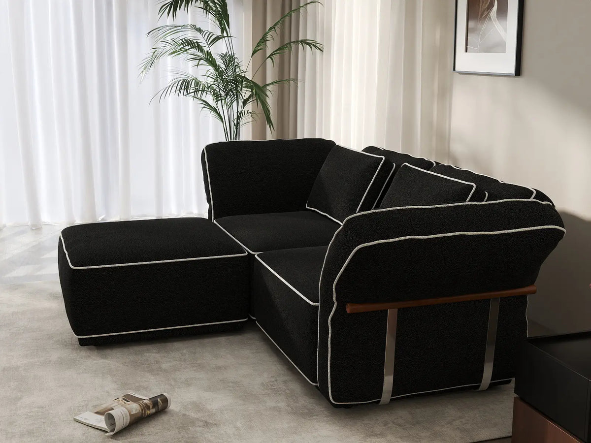 Deluxe Cloud 2-Seater Black Small Space Chaise Sectional | 3-Piece (Includes 1 Ottoman), Bouclé Sherpa-Like Fabric, Easy To Clean