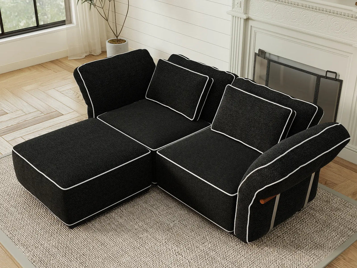 Deluxe Cloud 2-Seater Black Small Space Chaise Sectional | 3-Piece (Includes 1 Ottoman), Bouclé Sherpa-Like Fabric, Easy To Clean