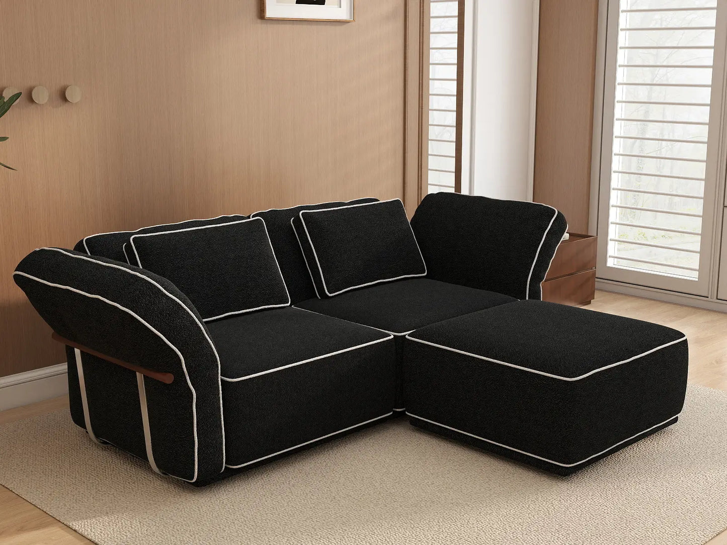 Deluxe Cloud 2-Seater Black Small Space Chaise Sectional | 3-Piece (Includes 1 Ottoman), Bouclé Sherpa-Like Fabric, Easy To Clean
