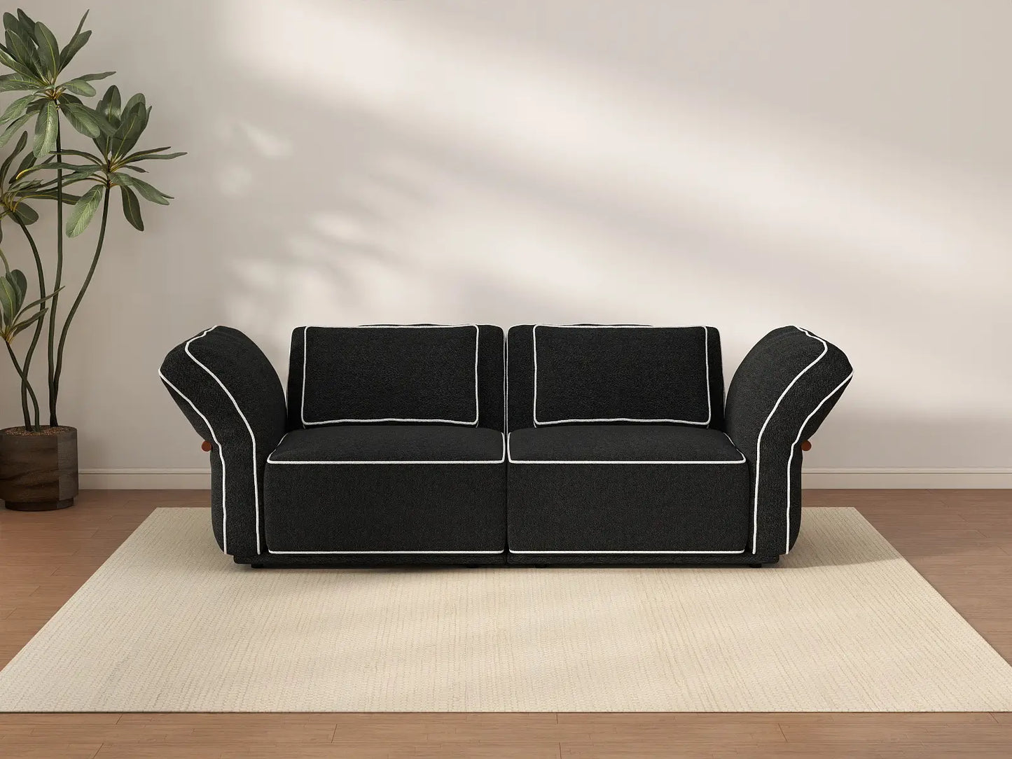 Deluxe Cloud 2-Seater Black Small Space Loveseat | 2-Piece, Bouclé Sherpa-Like Fabric, Easy To Clean