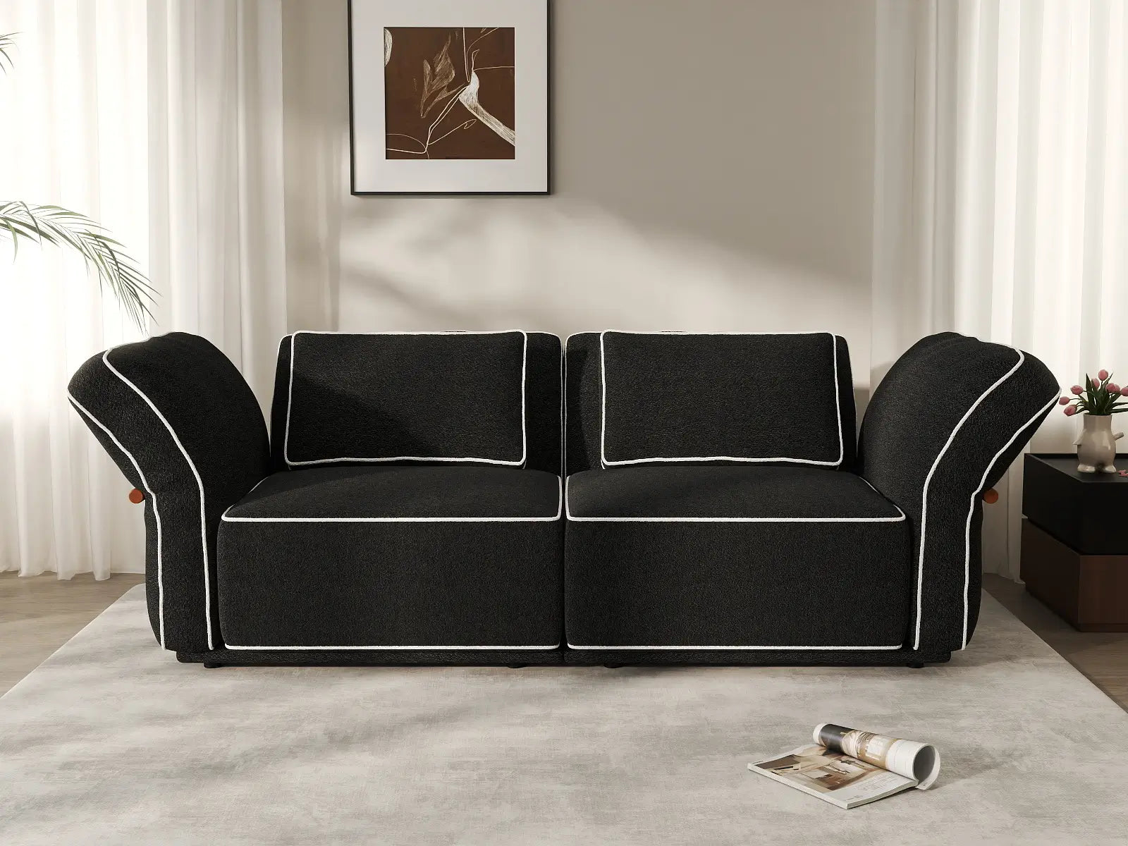 Deluxe Cloud 2-Seater Black Small Space Loveseat | 2-Piece, Bouclé Sherpa-Like Fabric, Easy To Clean