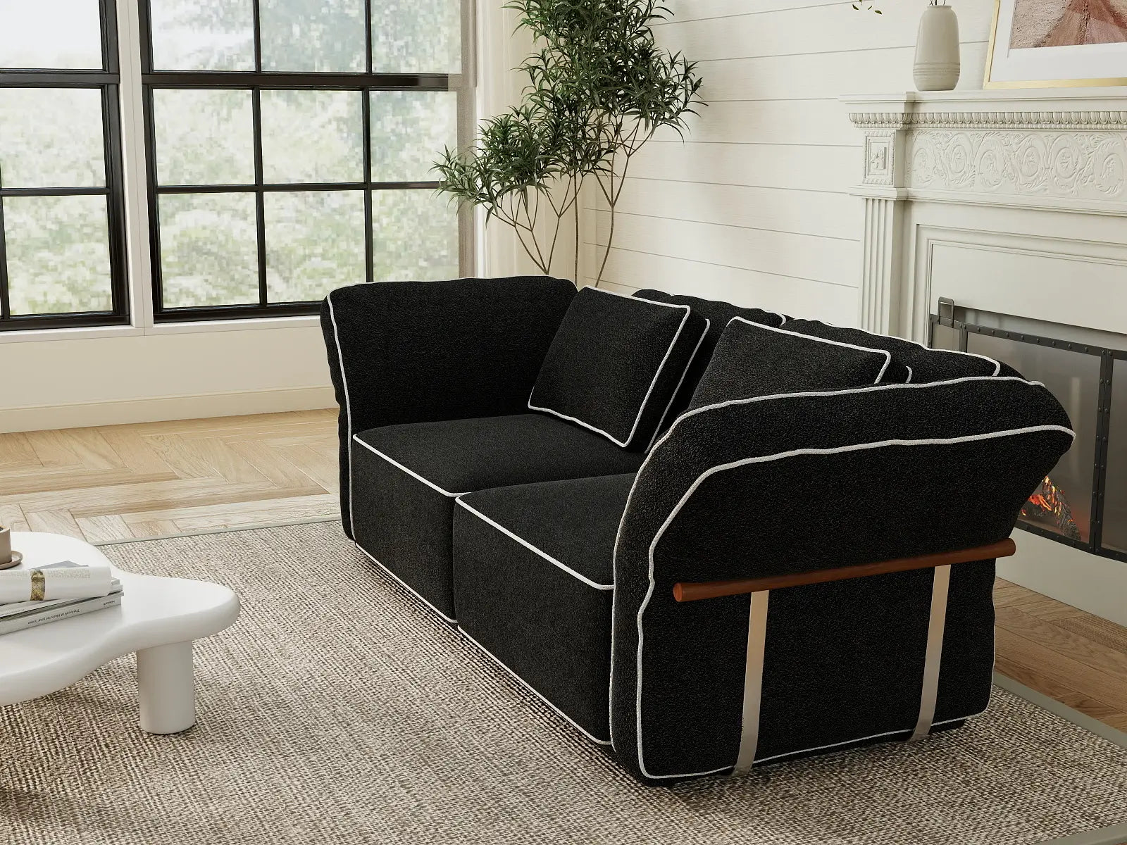 Deluxe Cloud 2-Seater Black Small Space Loveseat | 2-Piece, Bouclé Sherpa-Like Fabric, Easy To Clean