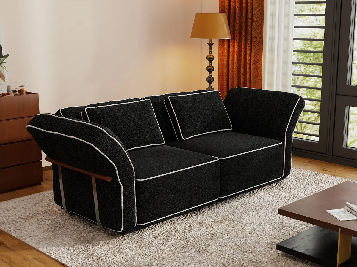 Deluxe Cloud 2-Seater Black Small Space Loveseat | 2-Piece, Bouclé Sherpa-Like Fabric, Easy To Clean