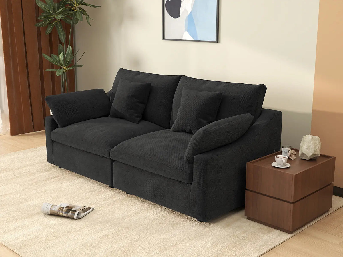 Sofá de dos plazas Deluxe Cloud, lavable, color negro | 2 piezas, tela de chenilla y lino, diseño modular