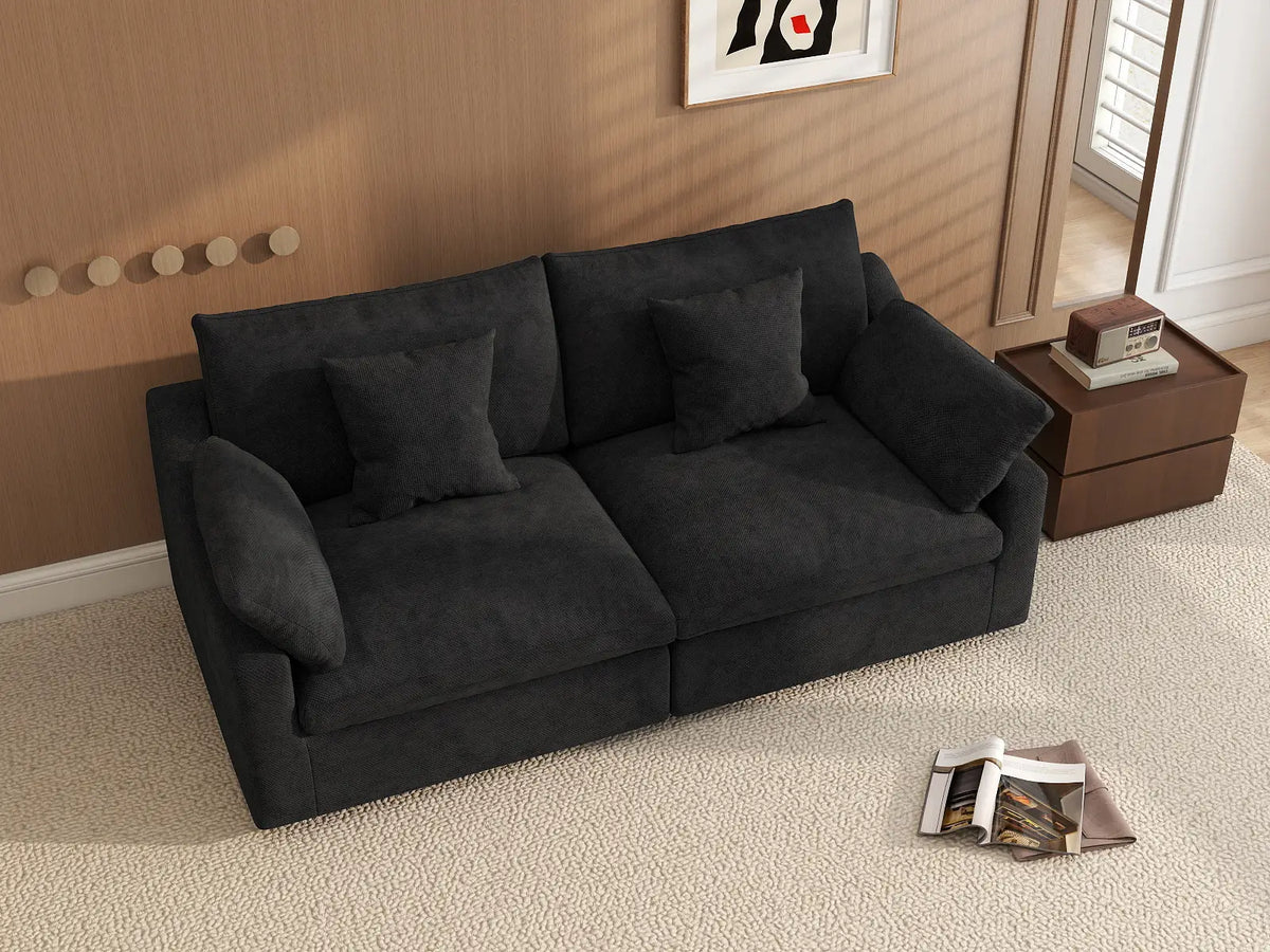 Sofá de dos plazas Deluxe Cloud, lavable, color negro | 2 piezas, tela de chenilla y lino, diseño modular