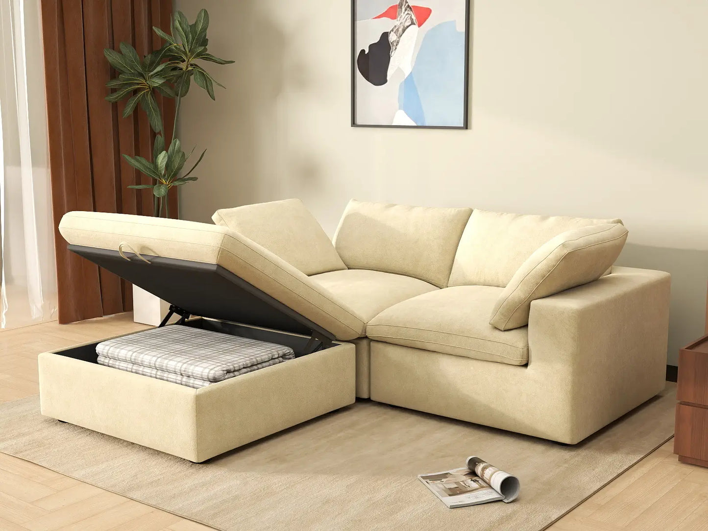 Deluxe Cloud 2-Seater Chaise Sectional in Beige Velvet | 3-Piece (Includes 1 Ottoman), Lounge Room Seating, Easy To Clean, Modular Design