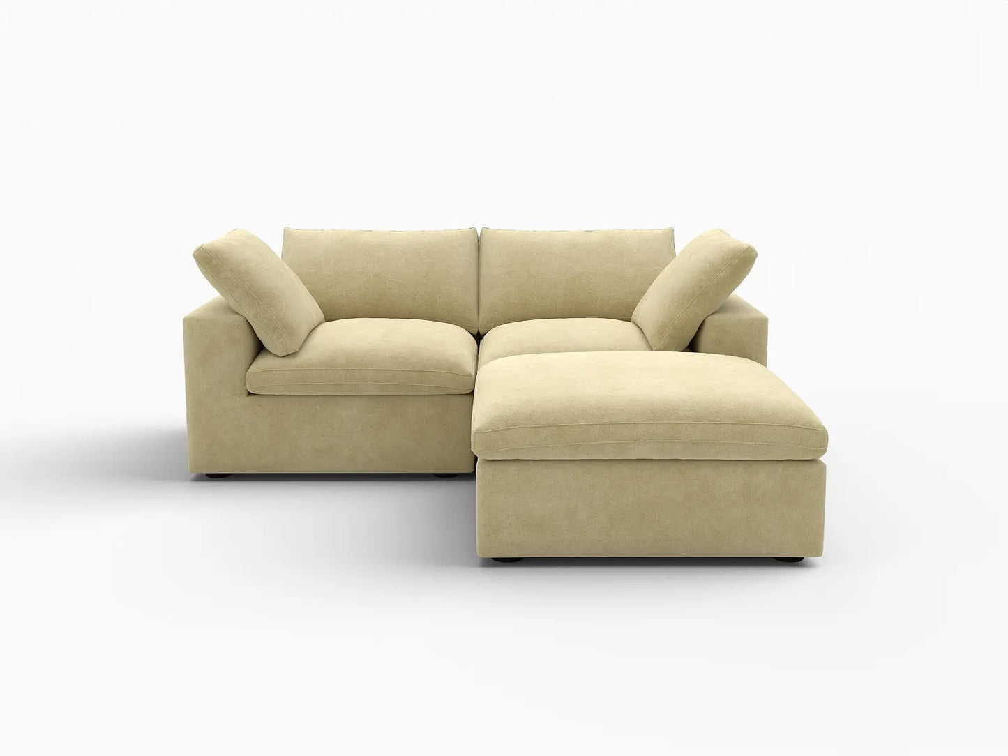 Deluxe Cloud 2-Seater Chaise Sectional in Beige Velvet | 3-Piece (Includes 1 Ottoman), Lounge Room Seating, Easy To Clean, Modular Design