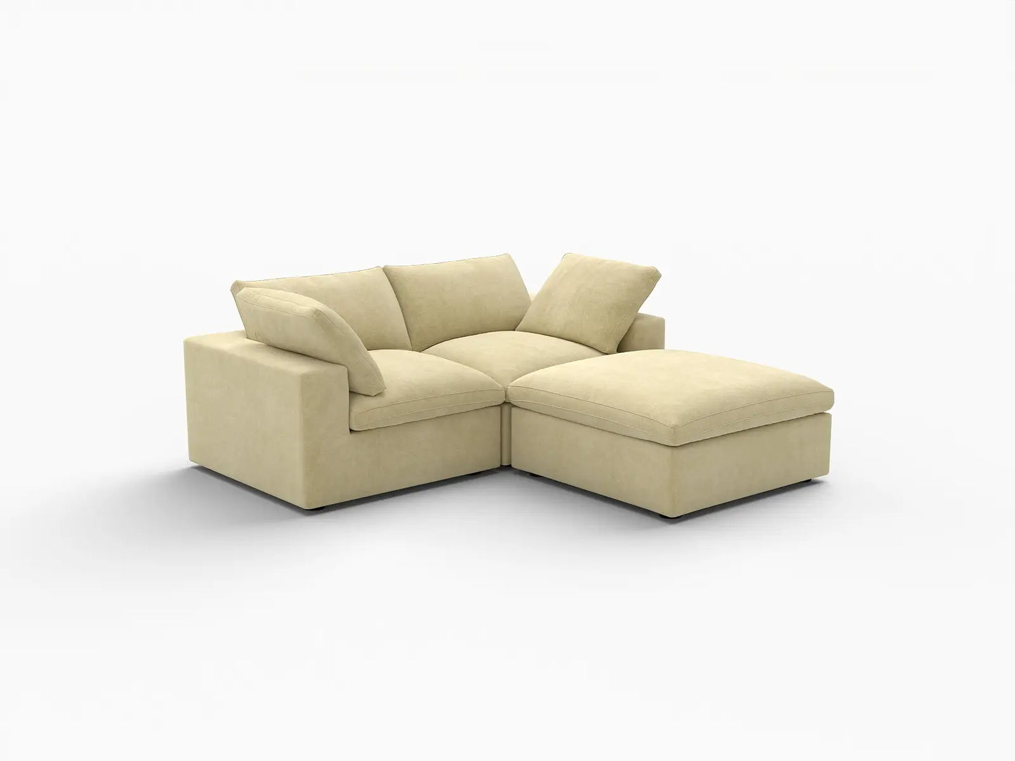 Deluxe Cloud 2-Seater Chaise Sectional in Beige Velvet | 3-Piece (Includes 1 Ottoman), Lounge Room Seating, Easy To Clean, Modular Design