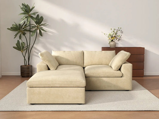 Deluxe Cloud 2-Seater Chaise Sectional in Beige Velvet | 3-Piece (Includes 1 Ottoman), Lounge Room Seating, Easy To Clean, Modular Design