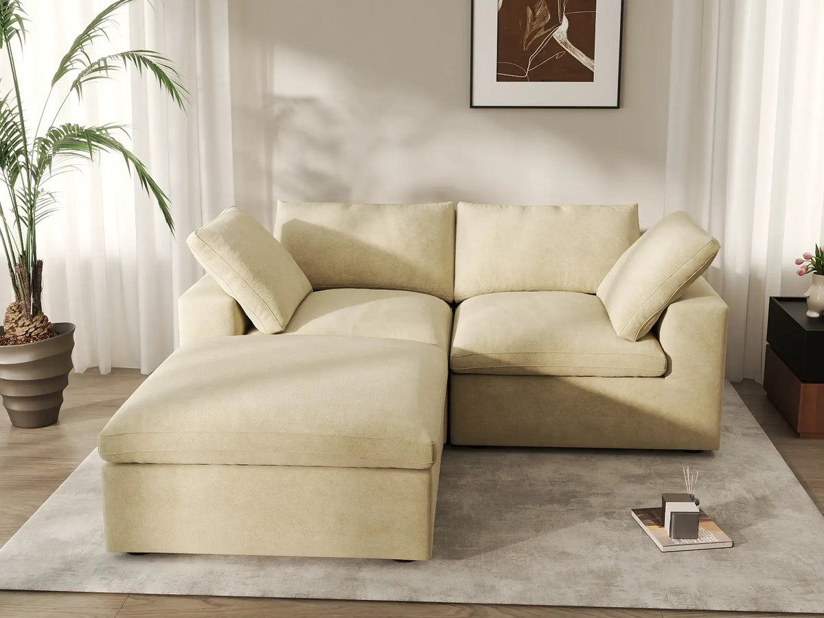 Deluxe Cloud 2-Seater Chaise Sectional in Beige Velvet | 3-Piece (Includes 1 Ottoman), Lounge Room Seating, Easy To Clean, Modular Design