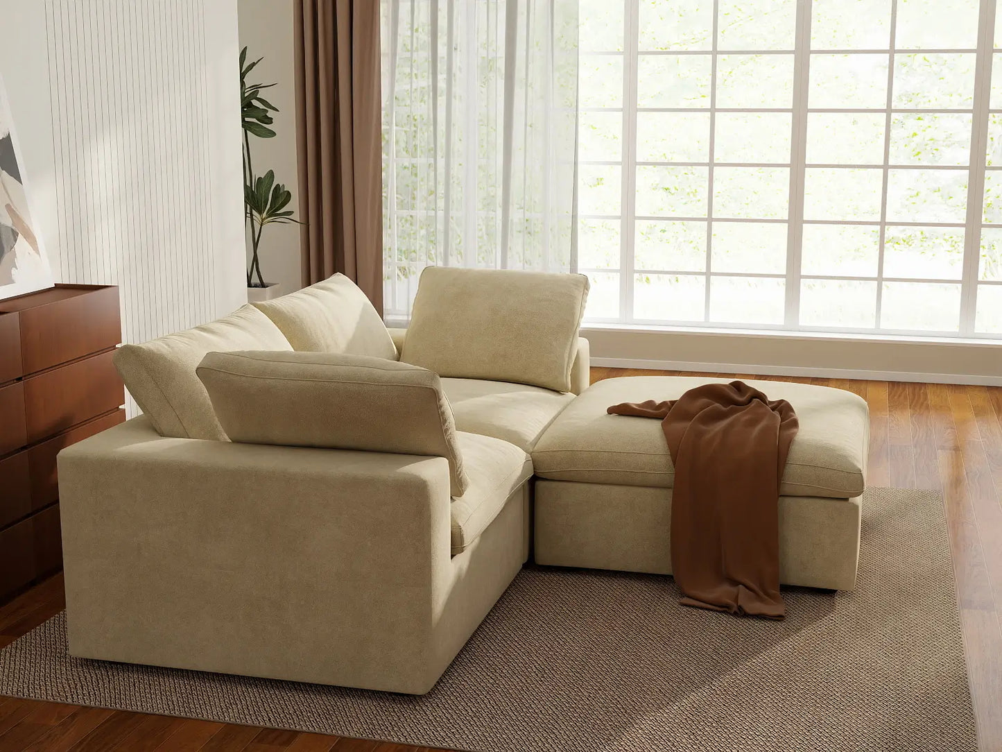 Deluxe Cloud 2-Seater Chaise Sectional in Beige Velvet | 3-Piece (Includes 1 Ottoman), Lounge Room Seating, Easy To Clean, Modular Design