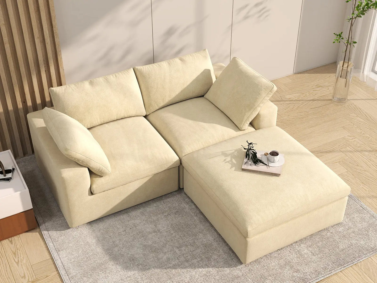 Deluxe Cloud 2-Seater Chaise Sectional in Beige Velvet | 3-Piece (Includes 1 Ottoman), Lounge Room Seating, Easy To Clean, Modular Design